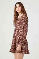 Women's Floral Print Mini Dress in Brown Small