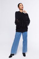 Women's Chunky Fringe-Trim Sweater in Black Small