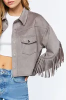 Women's Faux Suede Fringe Trucker Jacket Taupe