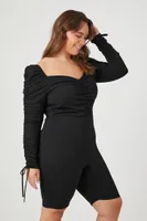 Women's Ruched Long-Sleeve Romper in Black, 2X