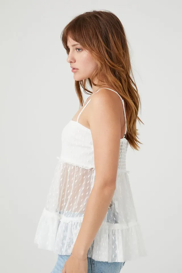 Forever 21 Women's Sheer Mesh Ruffle Cami in White Medium