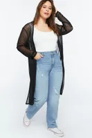 Women's Mesh Open-Front Cardigan in Black, 2X