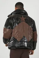 Men Faux Patent Leather Puffer Jacket in Black/Cocoa, XXL