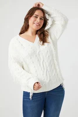 Women's Cable Knit Fringe Sweater Cream,