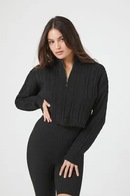 Women's Cable Knit Half-Zip Sweater in Black Medium