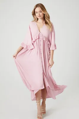 Women's Butterfly-Sleeve Flounce Maxi Dress in Pink, XS