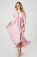 Women's Butterfly-Sleeve Flounce Maxi Dress in Pink Small