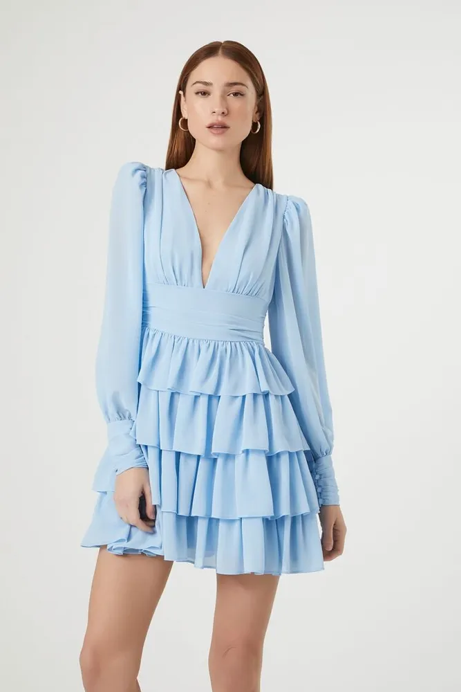 Women's Chiffon Ruffle Mini Dress in Light Blue Small