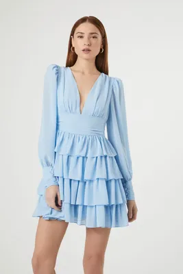 Women's Chiffon Ruffle Mini Dress in Light Blue Medium