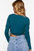 Women's Ruched Drawstring Long-Sleeve Crop Top in Teal Blue Large