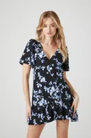 Women's Satin Floral Print Mini Dress in Black, XS