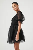 Women's Babydoll Puff-Sleeve Mini Dress in Black Large