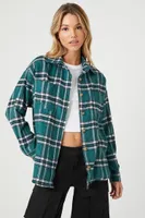 Women's Plaid Flannel Curved-Hem Shirt in Green Large