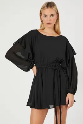 Women's Chiffon Belted Flounce Mini Dress in Black Medium