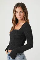 Women's Glitter Sweater-Knit Crop Top in Black/Silver, XL