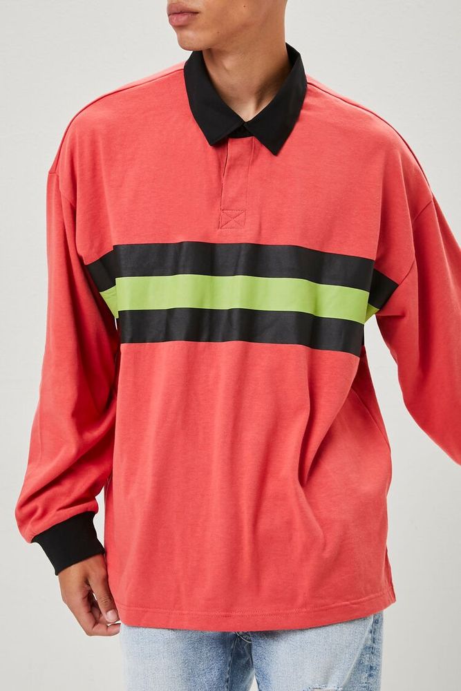 Men Striped-Panel Polo Shirt in Red Medium