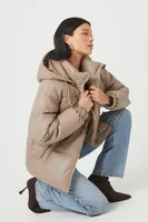 Women's Faux Leather Zip-Up Puffer Jacket in Taupe Small