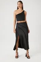 Women's Satin Slit Midi Slip Skirt in Black Small