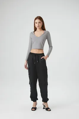 Women's Satin Mid-Rise Cargo Pants Black