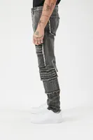 Men Frayed-Trim Skinny Cargo Jeans Washed Black,