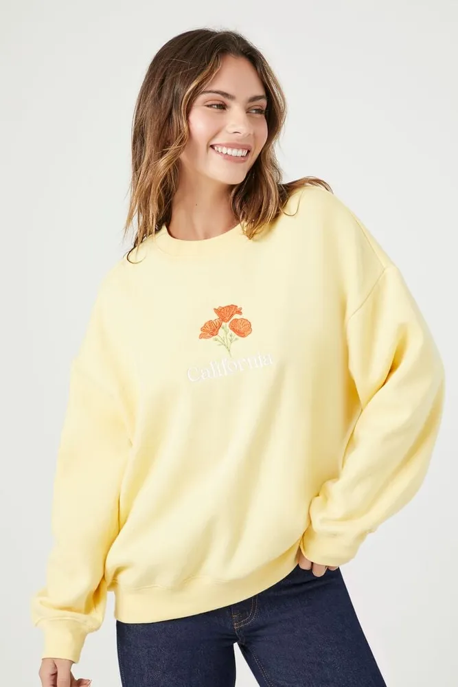 Women's Embroidered California Poppy Pullover in Yellow Medium