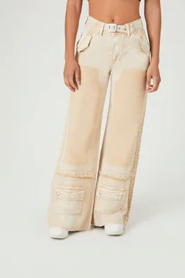 Women's Acid Wash Belted Jeans in Beige Small