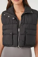 Women's Cropped Zip-Up Puffer Vest in Black Large