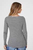 Women's Striped Ribbed Knit Long-Sleeve Top in Black/White Small