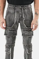 Men Frayed-Trim Skinny Cargo Jeans Washed Black,