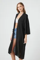 Women's Open-Front Crochet-Trim Kimono in Black Small