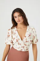 Women's Cropped Floral Print Wrap Top in Cream Medium