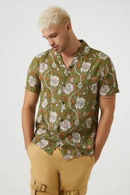 Men Ornate Floral Print Shirt in Olive, XXL