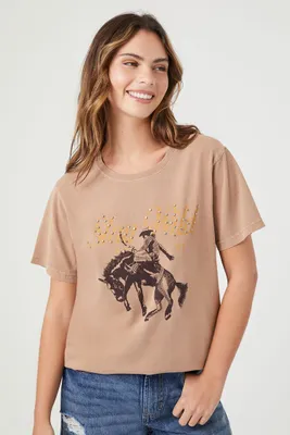 Women's Rhinestone Stay Wild Cowboy T-Shirt in Tan, XS