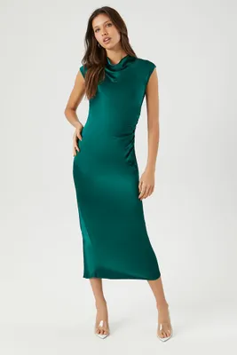 Women's Satin Cowl Neck Midi Dress in Emerald, XL