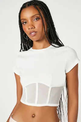 Women's Sheer Mesh Crop Top in White, XL