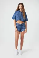 Women's Distressed Mid-Rise Denim Shorts in Dark Denim, 27