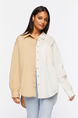 Women's Colorblock Poplin High-Low Shirt in Taupe Small