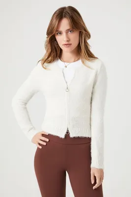 Women's Fuzzy Knit Zip-Up Sweater in Ivory Large