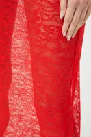 Women's Sheer Lace Maxi Slip Dress in Red Large