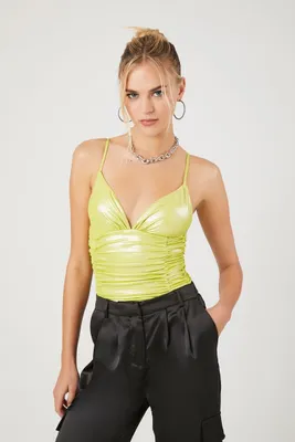 Women's Metallic Ruched Cami Bodysuit in Acid Green, XS