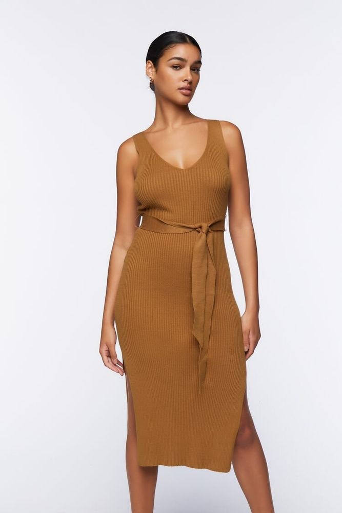 Women's Belted Ribbed M-Slit Midi Dress in Maple Medium