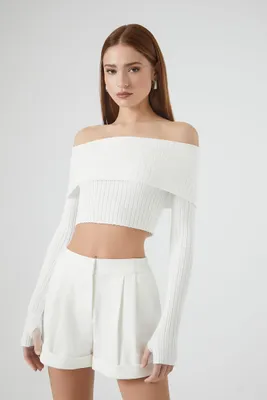 Women's Sweater-Knit Off-the-Shoulder Top in Vanilla Large