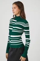 Women's Abstract Striped Turtleneck Sweater Top in Hunter Green/White Large