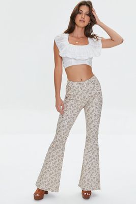 Women's Ditsy Floral Print Flare Pants in Khaki Medium