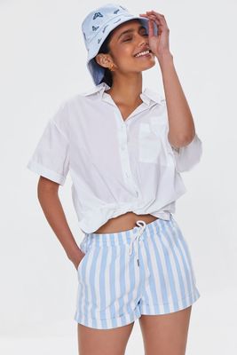 Women's Striped Drawstring Twill Shorts in Sky Blue/White Small