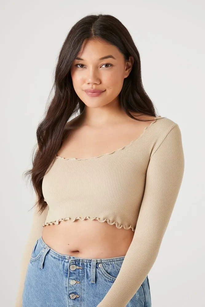 Women's Seamless Lettuce-Edge Crop Top in Khaki Large