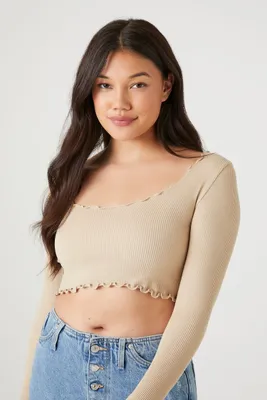 Women's Seamless Lettuce-Edge Crop Top in Khaki Large