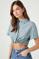 Women's Cropped Toggle Drawstring Shirt in Blue Mist Small