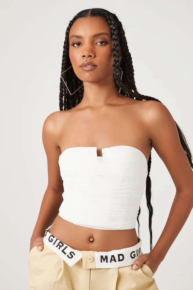 Women's Cropped Mesh Tube Top in White Large