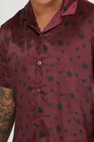 Men Star Print Short-Sleeve Shirt in Burgundy/Black Large